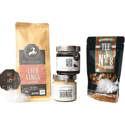 Naturbursche gourmet box Christmas breakfast (1x fruit spread + 1x honey + 1x tea + 1x coffee)