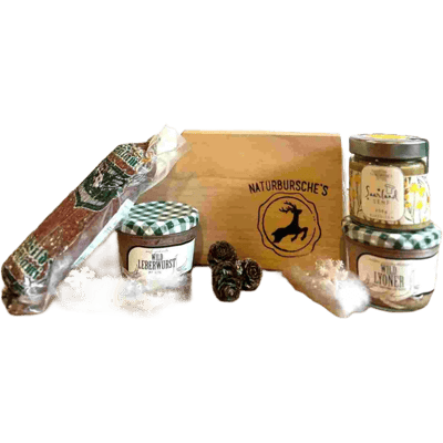 Naturbursche Gourmetbox "Wilde Weihnacht" (1x Wildlyoner + 1x Wildleberwurst + 1x Wildsalami + 1x Biosenf + 1x Brotzeitbrett)