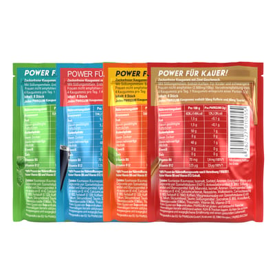 PWRGUM Mix-Pack 8er Box - Energy Chewing Gums (2x Double Mint + 2x Cinnamon + 2x Energydrink Flavor + 2x Grapefruit)