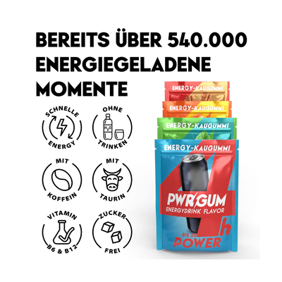 PWRGUM Mix-Pack 8er Box - Energy Kaugummis (2x Double Mint + 2x Zimt + 2x Energydrink Flavor + 2x Grapefruit) 8