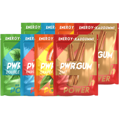 PWRGUM Mix-Pack 8er Box - Energy Kaugummis (2x Double Mint + 2x Zimt + 2x Energydrink Flavor + 2x Grapefruit)