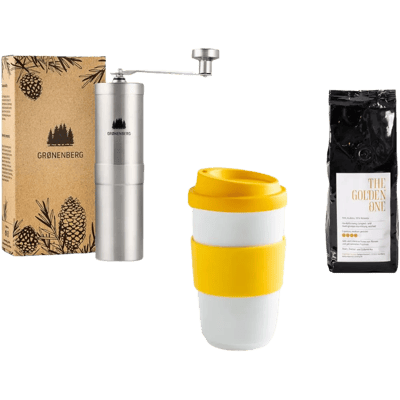 Coffee Love Set (1x Grønenberg Manuelle Kaffeemühle + 1x Espresso + 1x Trinkbecher mit Deckel)