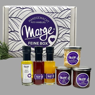 Marge's Feine Weihnachtsbox (3x Fruchtaufstrich + 2x Fruchtmarkessig + 1x Kräuteröl)
