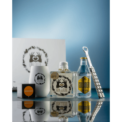 Gin Liebe Geschenkbox (1x Dry Gin + 1x Tonic Water + 1x Flaschenöffner + 1x Glytter Orange + 1x Glas)
