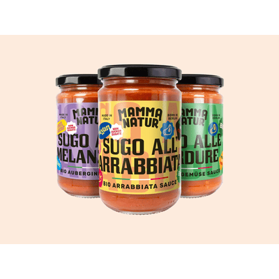 MAMMA NATUR Geschenkset (6x verscheidene Saucen auf Tomatenbasis + Sticker)