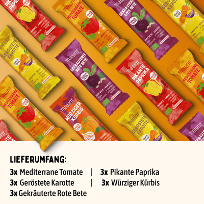 Malunt 15er Mixbox (3x Mediterrane Tomate + 3x Pikante Paprika + 3x Würziger Kürbis+ 3x Geröstete Karotte + 3x Gekräuterte Rote Bete)