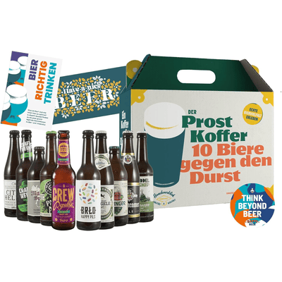 Prost Koffer - Premium Bier Geschenk Paket (10x Craft Beer + 1x Bierdeckel + 1x Craft Beer-Booklet)