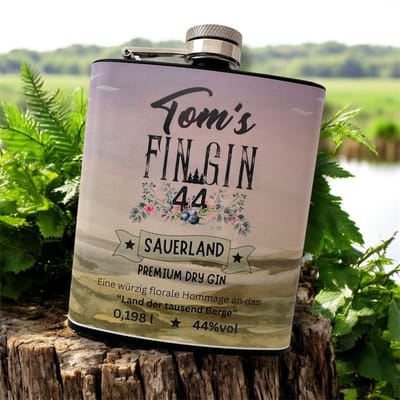 Tom's Fin Gin 44 in a stainless steel hip flask - Dry Gin