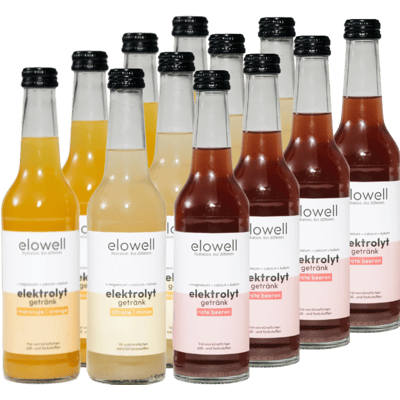 12x Flaschen elowell Probierpaket - Elektrolytgetränke (4x Maracuja-Orange + 4x Zitrone-Minze + 4x Rote Beeren)