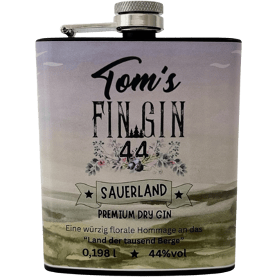 Tom's Fin Gin 44 in a stainless steel hip flask - Dry Gin