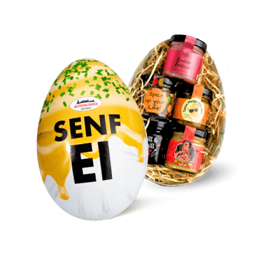 Mustard egg with 5 mini jars (1x egg liqueur + 1x curry dip + 1x salt + 1x barbecue sauce + 1x mustard)