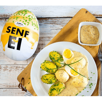 Mustard egg with 5 mini jars (1x egg liqueur + 1x curry dip + 1x salt + 1x barbecue sauce + 1x mustard)