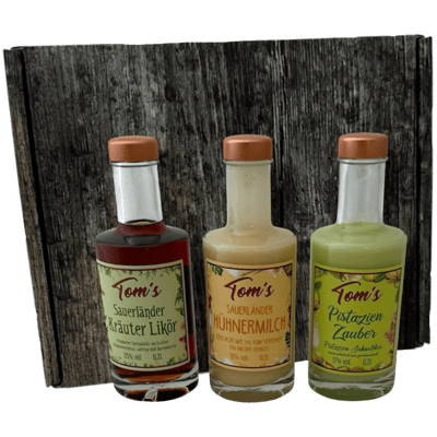 Tom´s Sauerländer Likör-TRIO in Geschenkbox (1x Kräuterlikör + 1x Eierlikör + 1x Pistazienlikör)