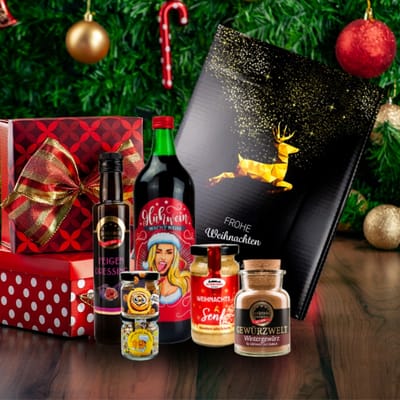 Merry Christmas gift box (1x mulled wine + 1x dressing + 1x mustard + 3x spices)