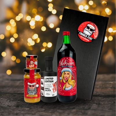Coole Weihnachten Geschenkidee (1x Glühwein + 1x Grillsauce + 2x Senf)