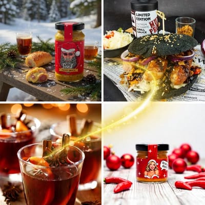Coole Weihnachten Geschenkidee (1x Glühwein + 1x Grillsauce + 2x Senf)