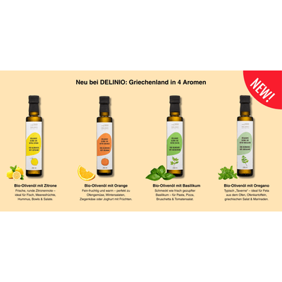 Premium Bio-Olivenöl aus Griechenland Geschenkbox (1x Zitrone + 1x Orange + 1x Basilikum + 1x Oregano)