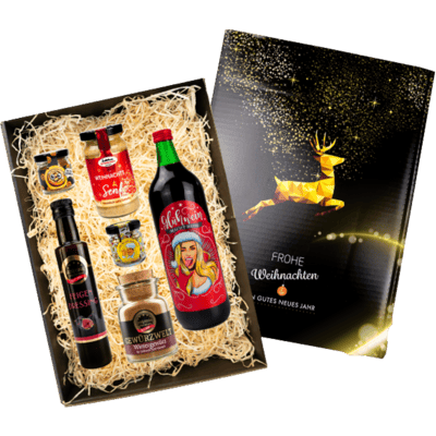 Merry Christmas gift box (1x mulled wine + 1x dressing + 1x mustard + 3x spices)
