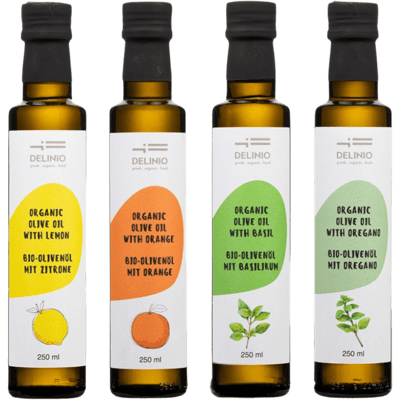 Premium Bio-Olivenöl aus Griechenland Geschenkbox (1x Zitrone + 1x Orange + 1x Basilikum + 1x Oregano)