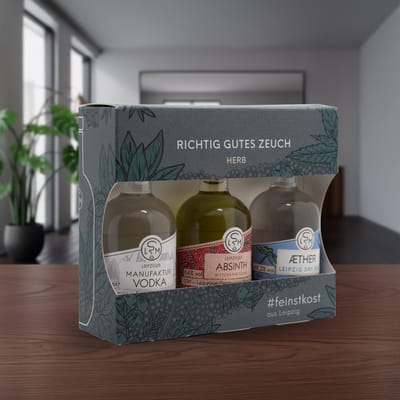 Leipziger Richtig Gutes Zeuch Tastingset Herb (1x Aether Dry Gin + 1x Manufaktur Vodka + 1x Absinth Bitterspirituose)