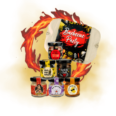 Geschenkset Barbecue Party (1x Grillsauce + 1x BBQ Rub + 1x Whisky Pfeffer + 1x BBQ Senf + 1x Gewürz + 1x Curry Dip)