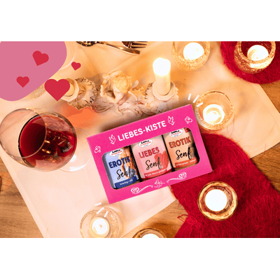 Geschenkbox Liebes Kiste (1x Erotik Senf Mann + 1x Liebes Senf + 1x Erotik Senf Frau)