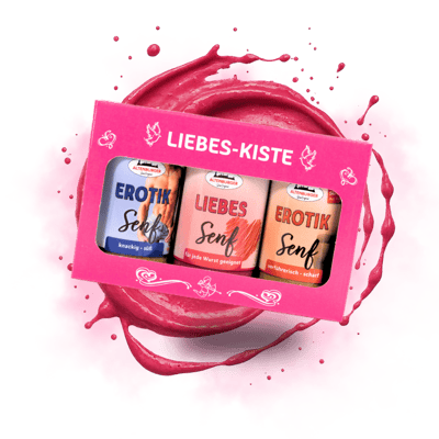 Geschenkbox Liebes Kiste (1x Erotik Senf Mann + 1x Liebes Senf + 1x Erotik Senf Frau)