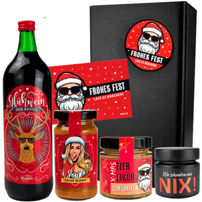 Crazy Christmas gift set (1x mulled wine + 1x egg liqueur + 1x spiced salt + 1x spicy mustard)