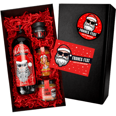 Crazy Christmas gift set (1x mulled wine + 1x egg liqueur + 1x spiced salt + 1x spicy mustard)
