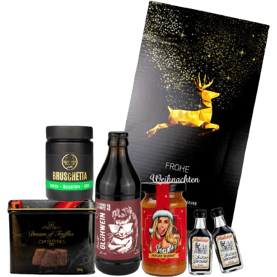 Christmas party gift set (1x truffle dream confectionery + 2x herbal elixir + 1x spicy Christmas mustard + 1x bruschetta spice mix + 1x fruit mulled wine)