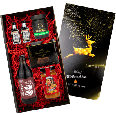 Christmas party gift set (1x truffle dream confectionery + 2x herbal elixir + 1x spicy Christmas mustard + 1x bruschetta spice mix + 1x fruit mulled wine)