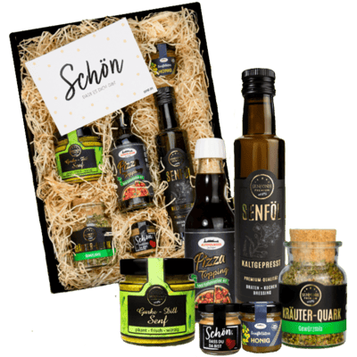 Geschenkbox "Schön, dass es dich gibt" (1x Senföl + 1x Pizza Topping + 1x Senfblüten Honig + 1x Gurke Dill Senf + 1x Kräuter-Quark Gewürzmix + 1x "Schön, dass du da bist" Senf + 1x Postkarte)