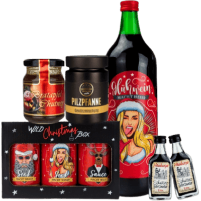 Christmas market gift box (1x mulled wine + 1x spicy Christmas mustard + 1x crunchy Christmas mustard + 2x herb elixir + 1x barbecue sauce + 1x mushroom pan + 1x baked apple chutney)