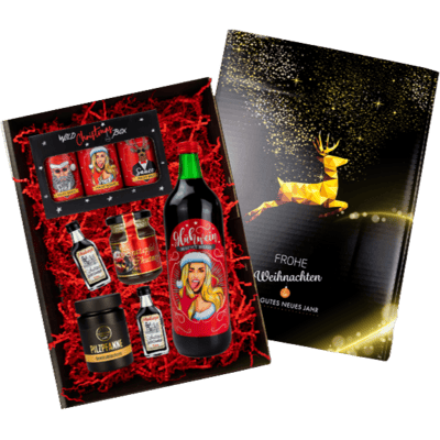 Christmas market gift box (1x mulled wine + 1x spicy Christmas mustard + 1x crunchy Christmas mustard + 2x herb elixir + 1x barbecue sauce + 1x mushroom pan + 1x baked apple chutney)