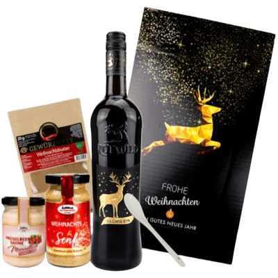 Geschenkbox Weihnachtsschmaus (1x Weihnachtssenf + 1x Porzellan-Senf-Löffel + 1x Meerrettich + 1x Gewürzmix + 1x Glühwein)