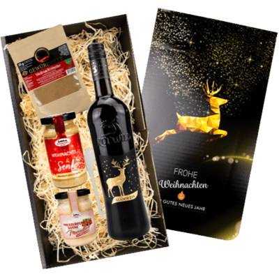 Geschenkbox Weihnachtsschmaus (1x Weihnachtssenf + 1x Porzellan-Senf-Löffel + 1x Meerrettich + 1x Gewürzmix + 1x Glühwein)
