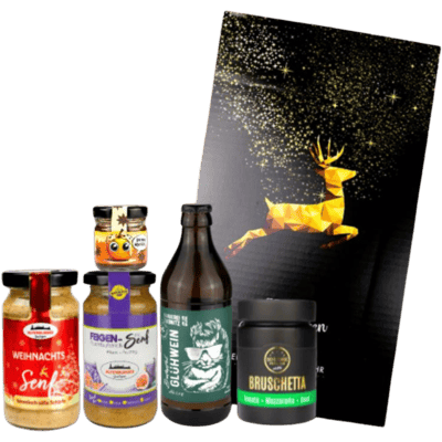 Geschenkbox Winterpunsch (1x Weihnachtssenf + 1x Bratapfel-Glühwein + 1x Feigen Senf + 1x Bruschetta Gewürzmix + 1x Bratapfel Chutney)