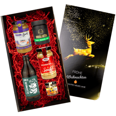 Geschenkbox Winterpunsch (1x Weihnachtssenf + 1x Bratapfel-Glühwein + 1x Feigen Senf + 1x Bruschetta Gewürzmix + 1x Bratapfel Chutney)