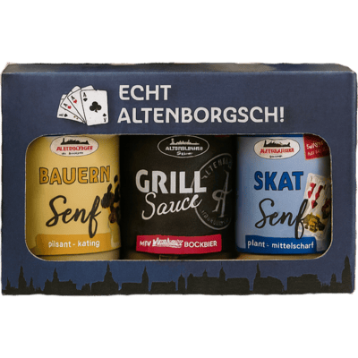 Altenburger Kiste gift box (1x farmer's mustard + 1x barbecue sauce + 1x Skat mustard)
