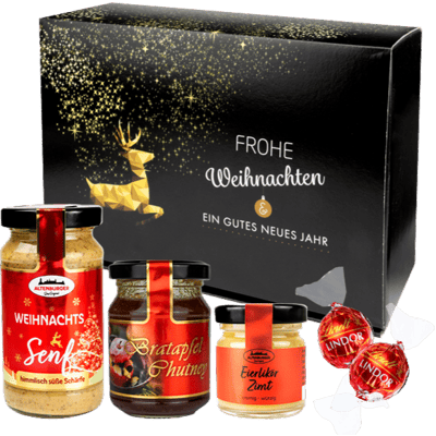 Geschenkset Süße Adventszeit (1x Weihnachtssenf + 1x Bratapfel Chutney + 1x Eierlikör Zimt + 2x Vollmilch-Schokolade)