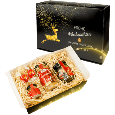 Geschenkset Süße Adventszeit (1x Weihnachtssenf + 1x Bratapfel Chutney + 1x Eierlikör Zimt + 2x Vollmilch-Schokolade)