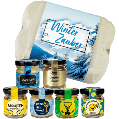 Winter magic" gift set (1x angel mustard + 1x gin mustard + 1x game spice + 1x egg liqueur chocolate + 1x rock sugar + 1x raclette spice)