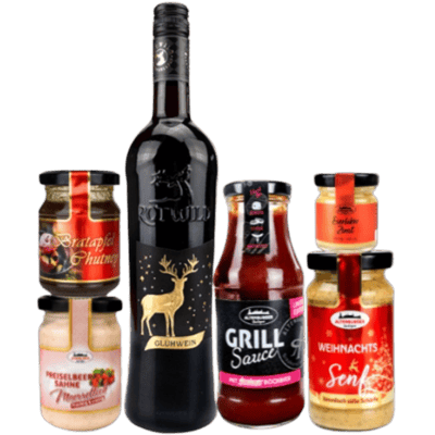 Delicious Christmas secrets gift set (1x mulled wine + 1x baked apple chutney + 1x Christmas mustard + 1x horseradish + 1x eggnog cinnamon + 1x barbecue sauce)