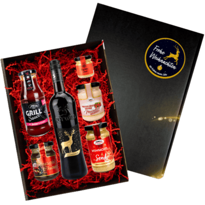 Delicious Christmas secrets gift set (1x mulled wine + 1x baked apple chutney + 1x Christmas mustard + 1x horseradish + 1x eggnog cinnamon + 1x barbecue sauce)