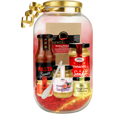 XXXL jar Christmas edition (1x pasta sauce + 1x fig mustard sauce + 1x Christmas mustard + 1x eggnog cinnamon + 1x mango cream horseradish + 1x porcelain mustard spoon + 1x Christmas butter spice bag)