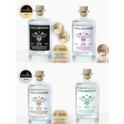 Euelsberger 4er Tasting Set - Dry Gin (1x Pepper & Lemon + 1x Fifteen Flowers + 1x Plum Oriental + 1x Eifel)