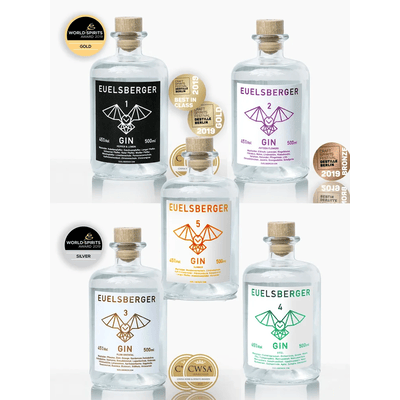 Euelsberger 5er Tasting Set - Dry Gin (1x Pepper & Lemon + 1x Fifteen Flowers + 1x Plum Oriental + 1x Eifel + 1x Summer)