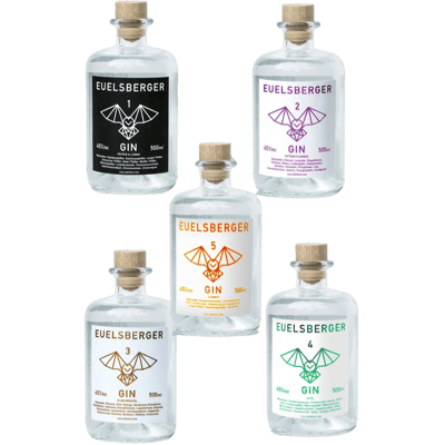 Euelsberger 5er Tasting Set - Dry Gin (1x Pepper & Lemon + 1x Fifteen Flowers + 1x Plum Oriental + 1x Eifel + 1x Summer)