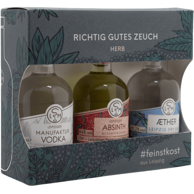 Leipziger Richtig Gutes Zeuch Tastingset Herb (1x Aether Dry Gin + 1x Manufaktur Vodka + 1x Absinth Bitterspirituose)