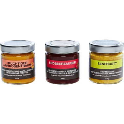 3-pack delicatessen gift box (1x apricot mustard + 1x strawberry fruit spread + 1x coarse mustard)